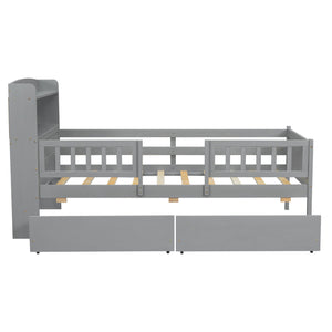 Platform Bed With LED Light, Multi Functional Headboard, Guardrail And 2 Drawers