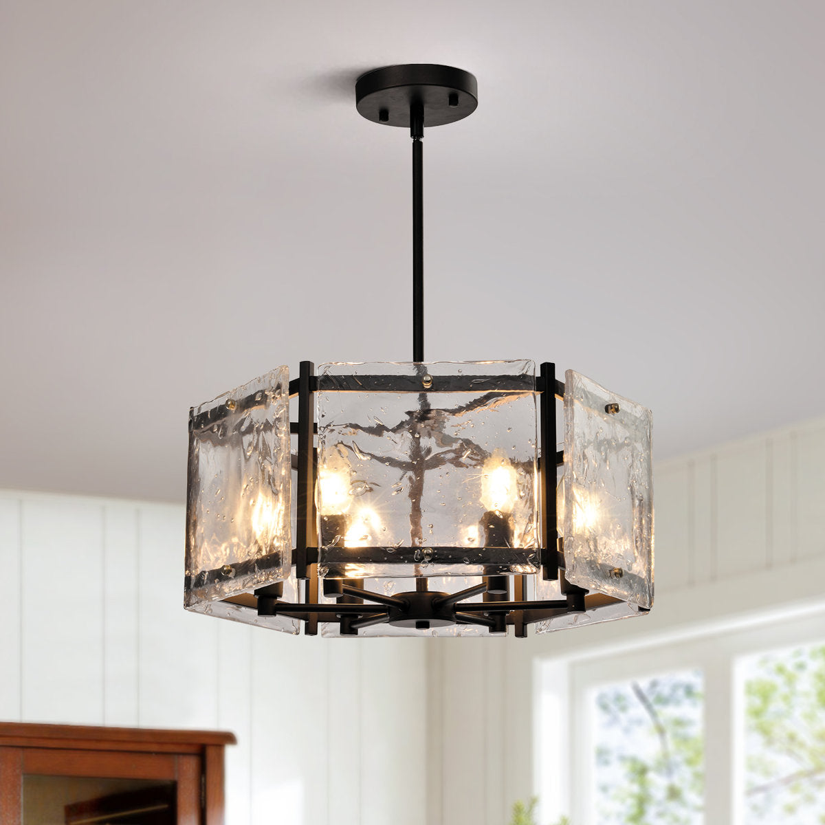 19.7-Inch 6-Light Dimmable Drum Chandelier, Black Glass and Metal