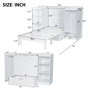 Twin Size Murphy Bed With Bedside Shelves And Wardrobe - White