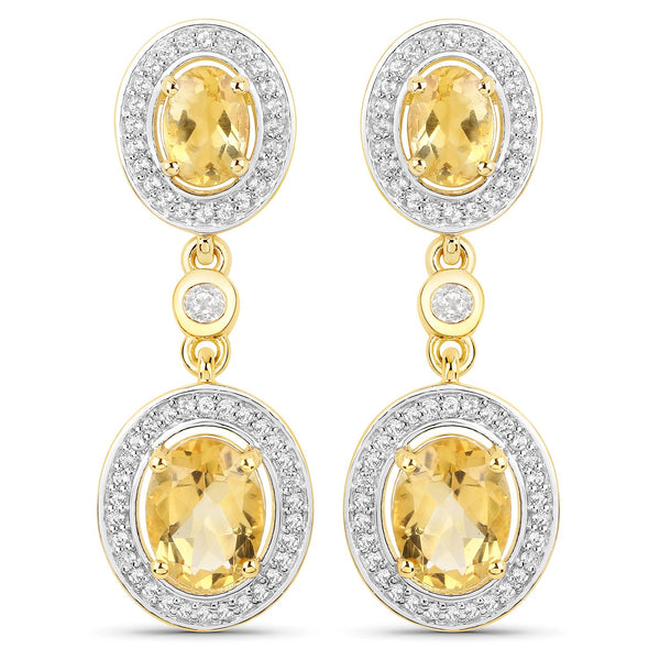 18K Yellow Gold Plated 5.70 Carat Genuine Citrine and White Topaz .925 Sterling Silver Earrings