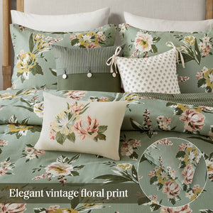 7-Piece King Vin Floral Comforter Set, Green, Reversible