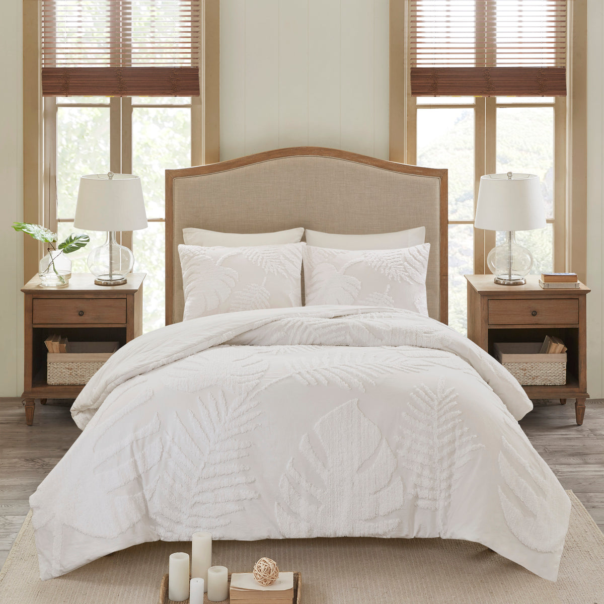 Full/Queen 3 Piece Tufted Cotton Chenille Palm Duvet Cover Set