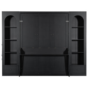 French Style Murphy Platform Bed With Shelf, Side Cabinets, Drawers And LED