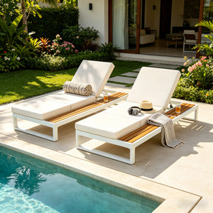 White Iron & Teak Finish Chaise Lounge Set