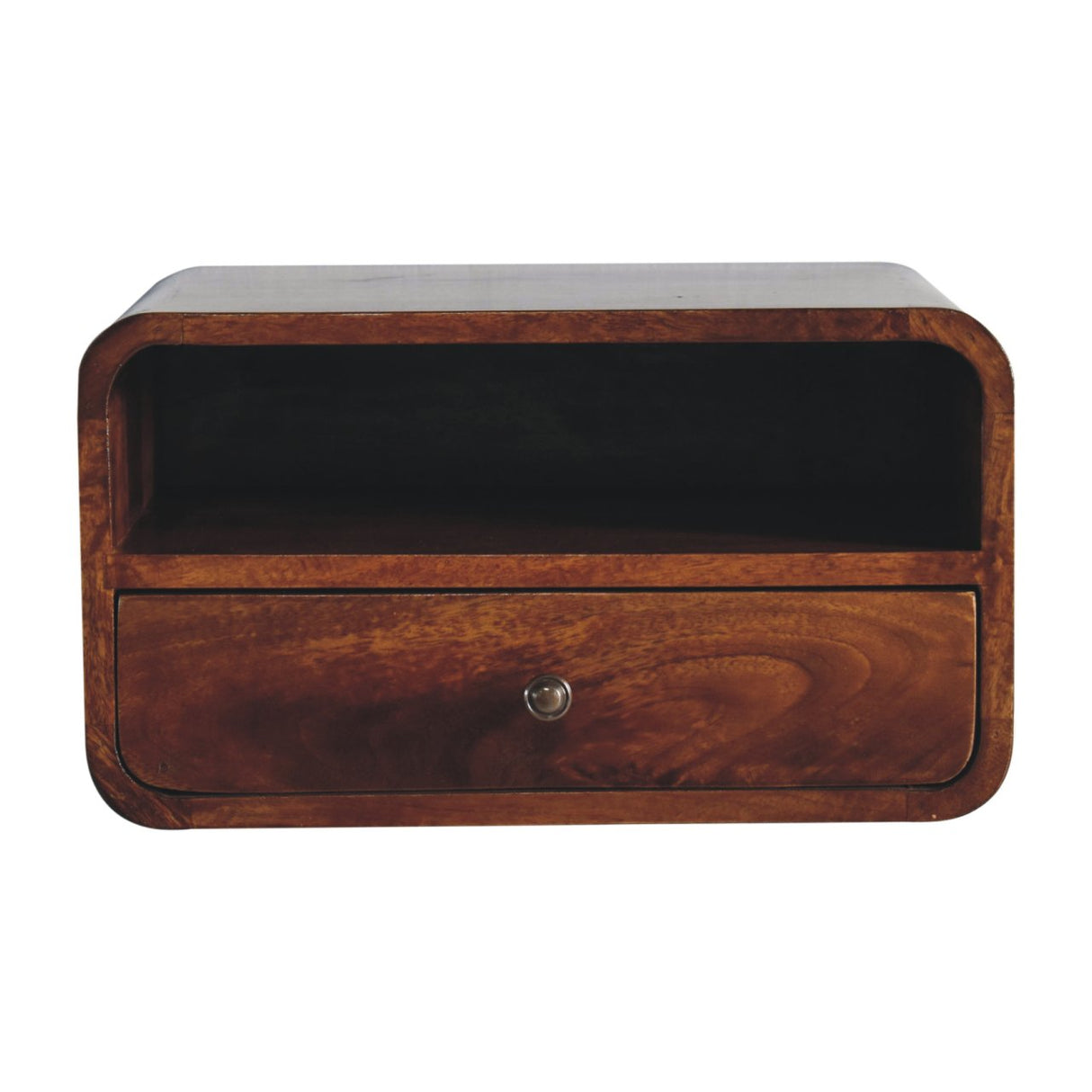 Large Floating Bedside, Curve Open Upper Slot, 1 Drawer, Chestnut