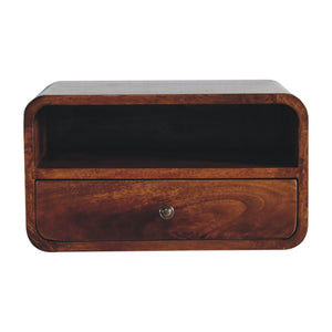 Large Floating Bedside, Curve Open Upper Slot, 1 Drawer, Chestnut