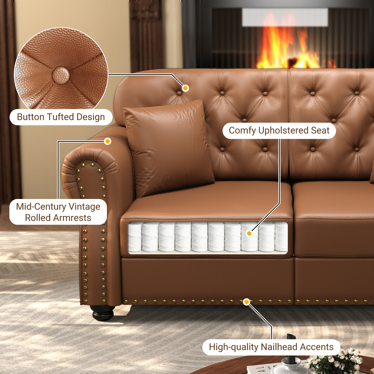 41.3" Upholstered Faux Leather Sofa with Nailhead Trim