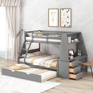 Bunk Bed With Trundle And Built In Desk, 3 Storage Drawers And Shelf