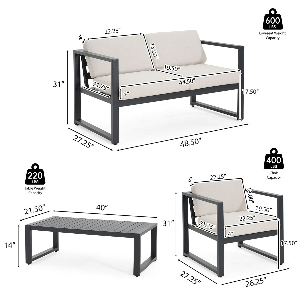 Navan - 4 Pieces Chat Set - Black / Beige