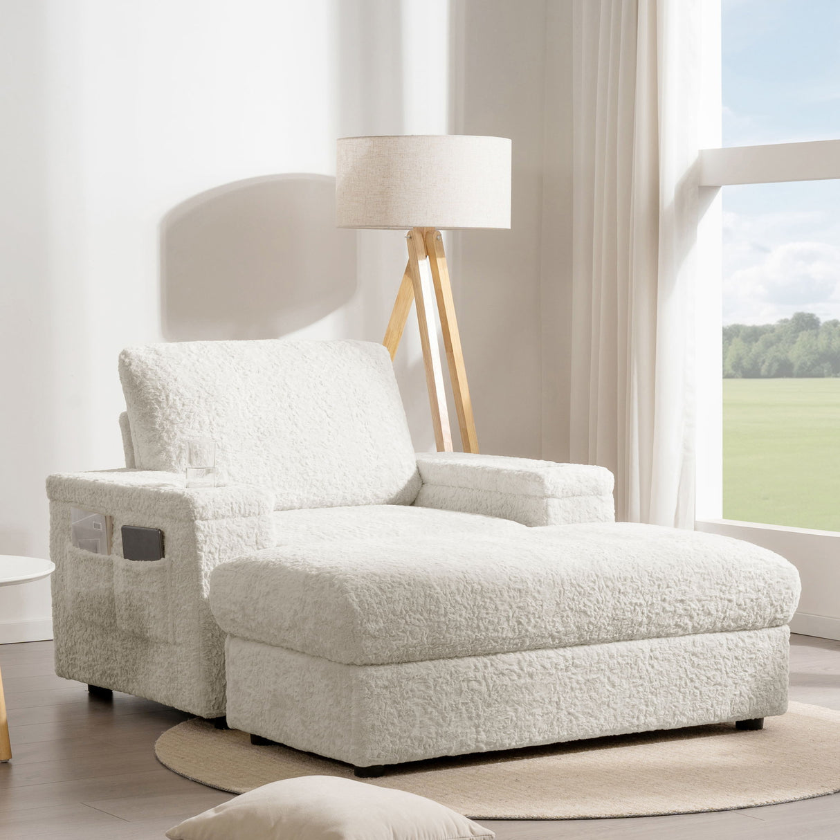 Oversized Chaise Lounge Indoor Rabbit Fur Sofa Bed With Storage Ottoman And Armrests Cup Holders With Deep Seat