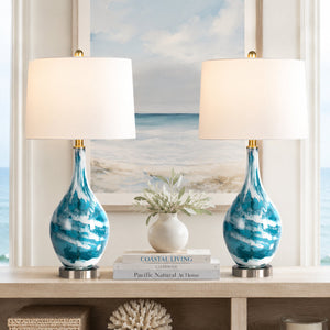 28" Modern Blue Glass Table Lamp with USB Port, Set of 2