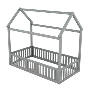 Wood House Bed With Fence And Door