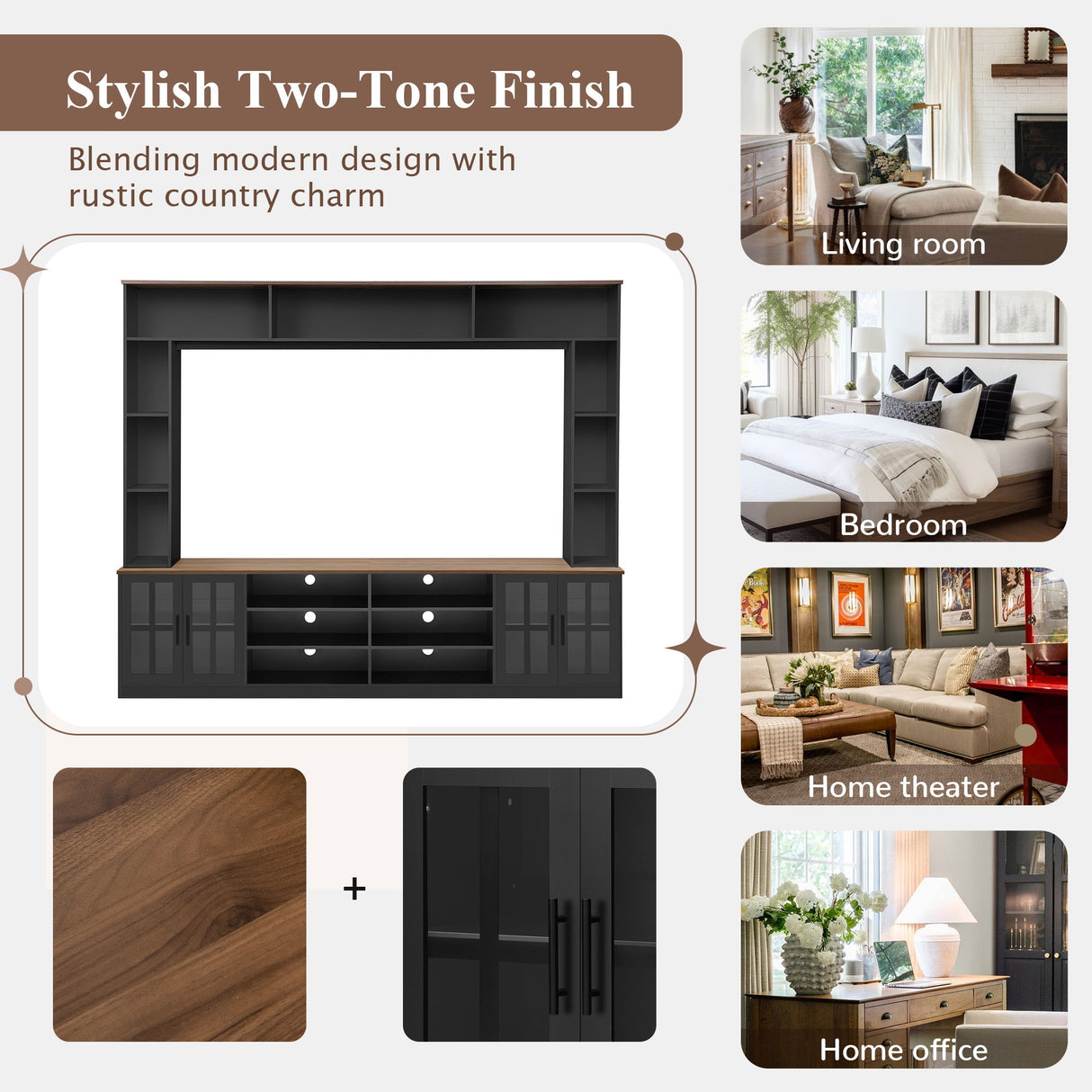 Wall Unit Entertainment Center With Bookshelves For TVs Up To 80", Tempered Glass Doors And Adjustable Shelves