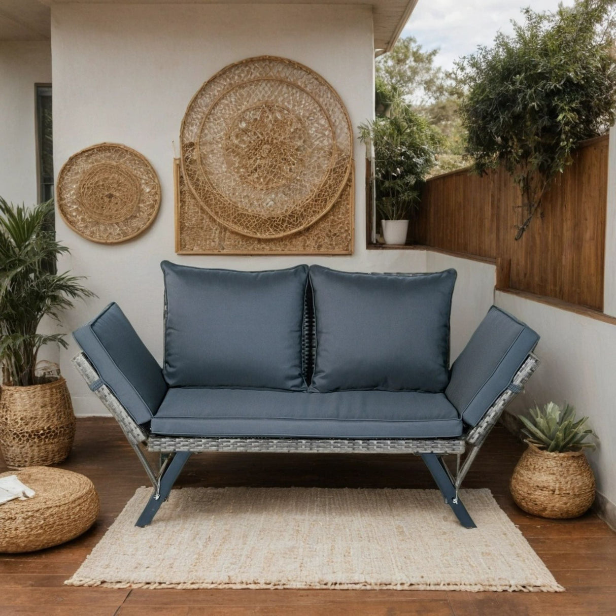 1 Pieces Patio Wicker Side Foldable Bench Patio Backyard Conversation Bench Gray Wicker - Dark Gray