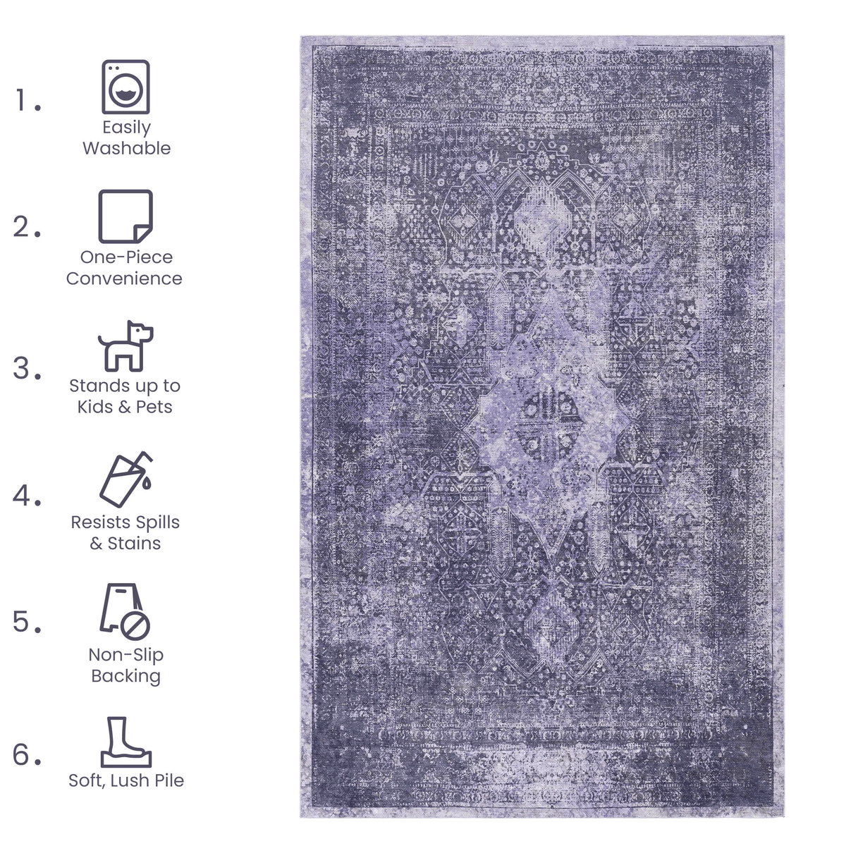 Maval Anthracite Washable Area Rug 6x9
