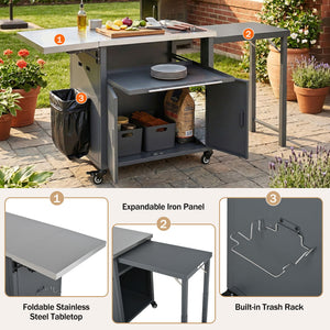 Foldable Outdoor Prep Station BBQ Cart With Trash Rack