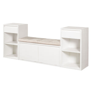 Entryway Storage Bench With Cushion, Drawers & Open Shelves