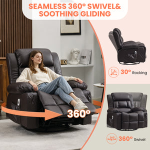 360° Swivel Rocker Recliner for Adults, Nursery Glider Recliner with Vibration Massage and Heat,Rocking Chair with Cup Holder, Manual Recliner Chair for Living Room, Bedroom (Leather,Brown)