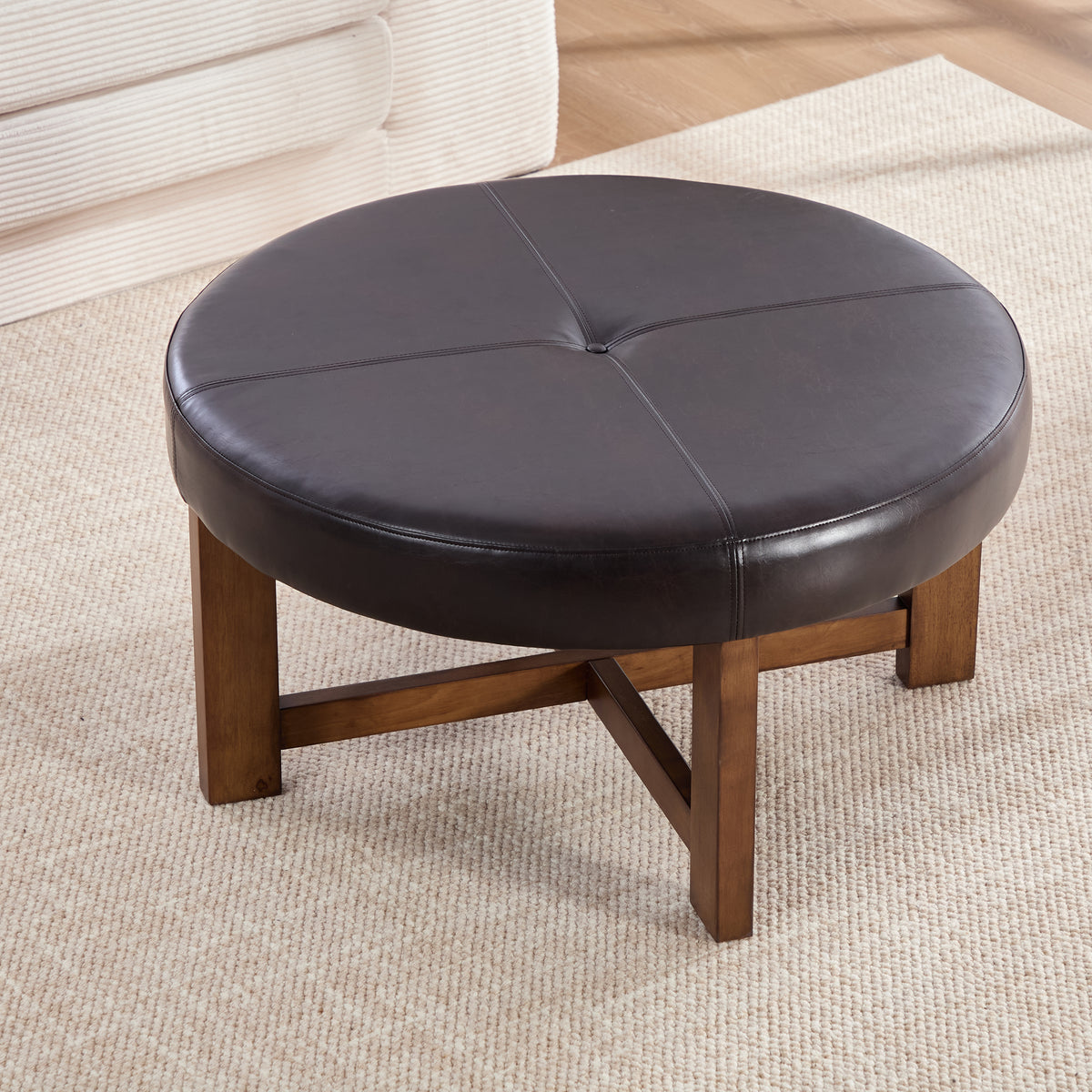 Round Leather Ottoman Coffee Table with Solid Wood Base