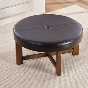 Round Leather Ottoman Coffee Table with Solid Wood Base