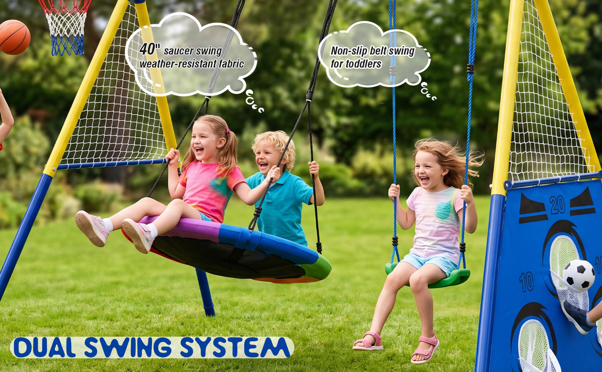 5-in-1 Kids Swing Set with Saucer Swing, Belt Swing, Basketball Hoop & Soccer Goal