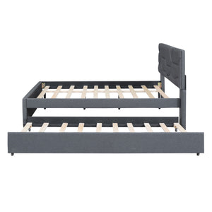Upholstered Platform Bed With Brick Pattern Headboard And Twin Long Size Trundle