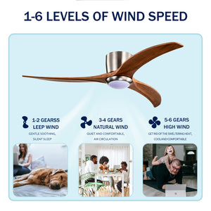 52" Flush Mount Fan Light with Solid Wood Blades and Remote Control