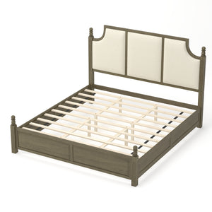 King Size Farmhouse Solid Wood Platform Bed Frame, 50.8-Inch Tall, Beige Linen