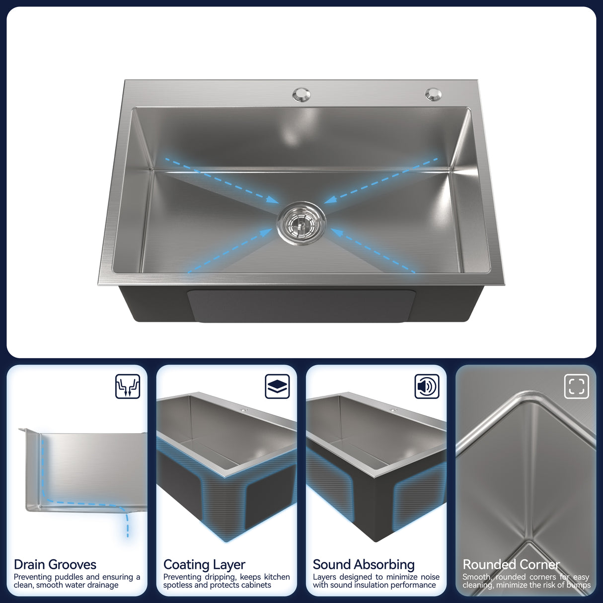 Stainless Steel Kitchen Sink, 30″x19″ Single Bowl, Overmount, Brushed Nickel