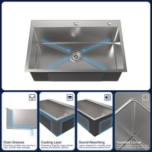 Stainless Steel Kitchen Sink, 30″x19″ Single Bowl, Overmount, Brushed Nickel