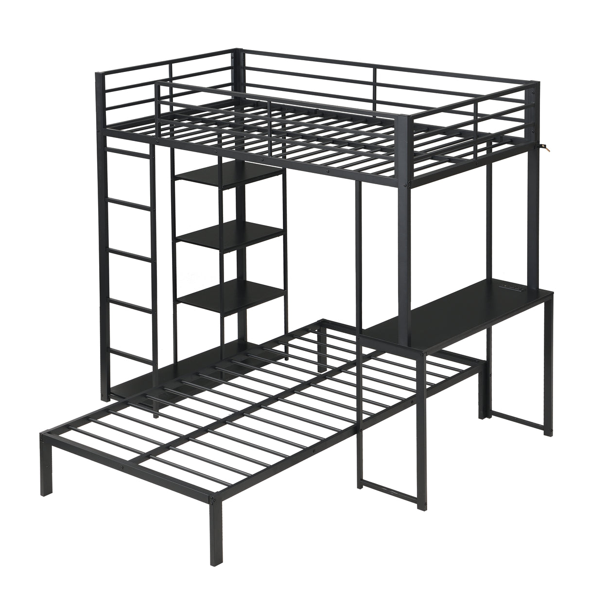 Metal Loft Bed Frame with LED Light Strip, Side Storage Shelves & Built-in Desk