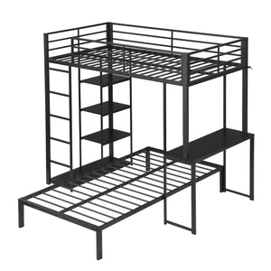 Metal Loft Bed Frame with LED Light Strip, Side Storage Shelves & Built-in Desk