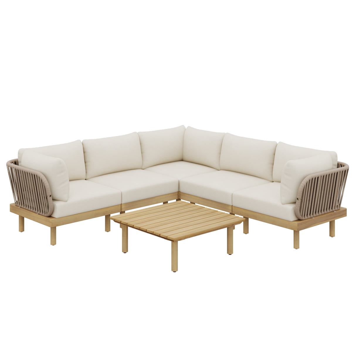 6-Piece Acacia Wood L-Shaped Modular Outdoor Sofa Set with Rope Back & Weather-Resistant Cushions