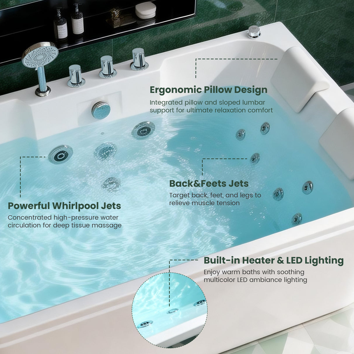KORRA 61 Inch Acrylic Whirlpool Massage Bathtub for 2 Person