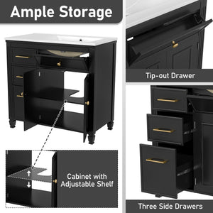 Modern Bathroom Vanity With Ceramic Sink, Freestanding, One Tip Out Drawer, 3 Side Drawers, Adjustable Shelf