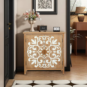 Rustic Wooden Accent Cabinet with Floral Carved Doors