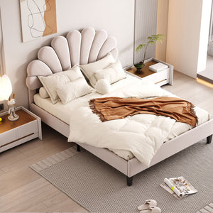 Upholstered Platform Bed With Flower Pattern Headboard