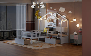House Bed With Upholstered Sofa, Wireless Charging Station, Shelves And 2 Drawers
