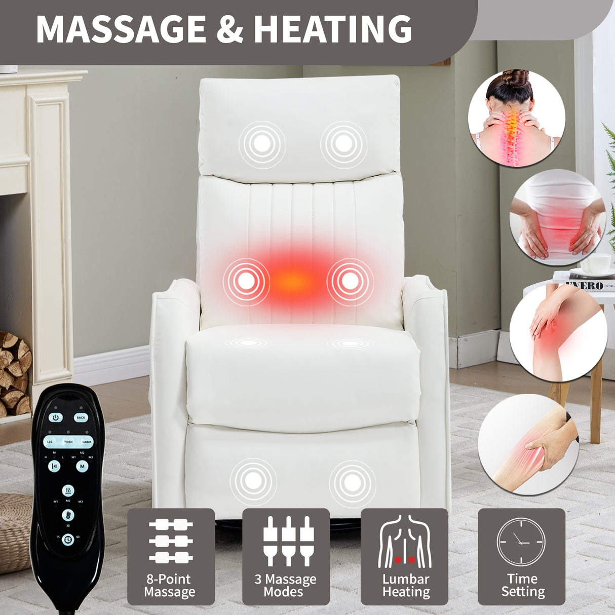 White Heat Massage Manual Recliner Chair with Rocker and Swivel in Faux Leather