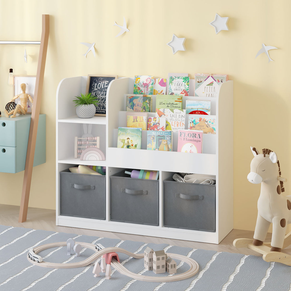 Bookcase And Bookshelf With 3 Collapsible Drawers, Multifunctional Display Stand