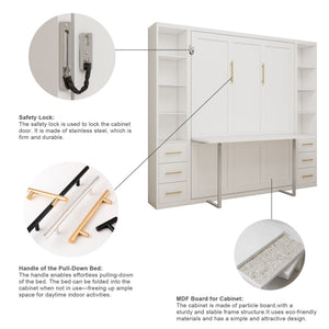 Queen Size Murphy Wall Bed With Side Storage Cabinets - White