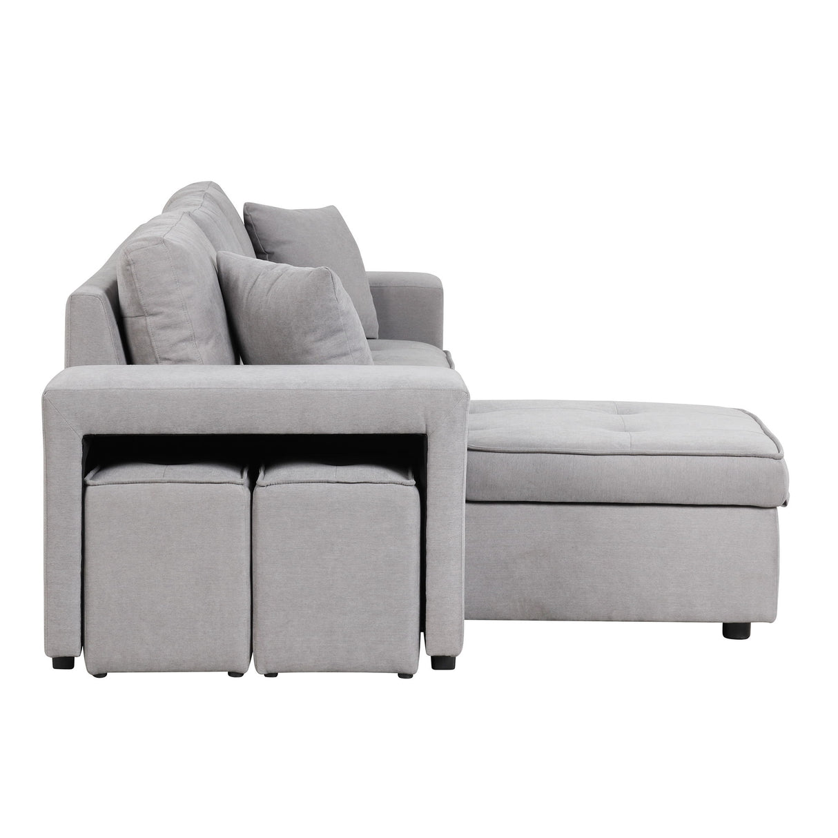 Modern L-Shape 3 Seat Reversible Sectional Couch, Pull Out Sleeper Sofa With Storage Chaise And 2 Stools For Living Room Furniture Set