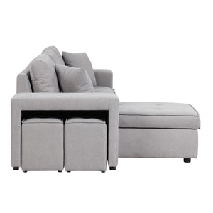 Modern L-Shape 3 Seat Reversible Sectional Couch, Pull Out Sleeper Sofa With Storage Chaise And 2 Stools For Living Room Furniture Set