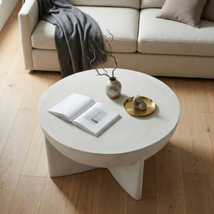 Matte White Round Coffee Table, Magnesium Oxide Sculptural Tripod Base