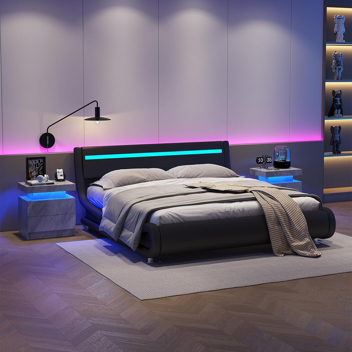 Modern LED Nightstand with 2 Drawers in Deep Gray