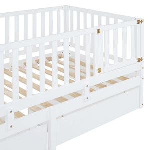 Daybed With Fence Guardrails And 2 Drawers, Split Into Independent Floor Bed & Daybed