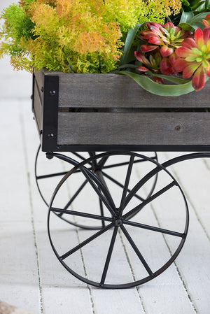 Black Iron and Pine Wood Plant Stand with Wheels