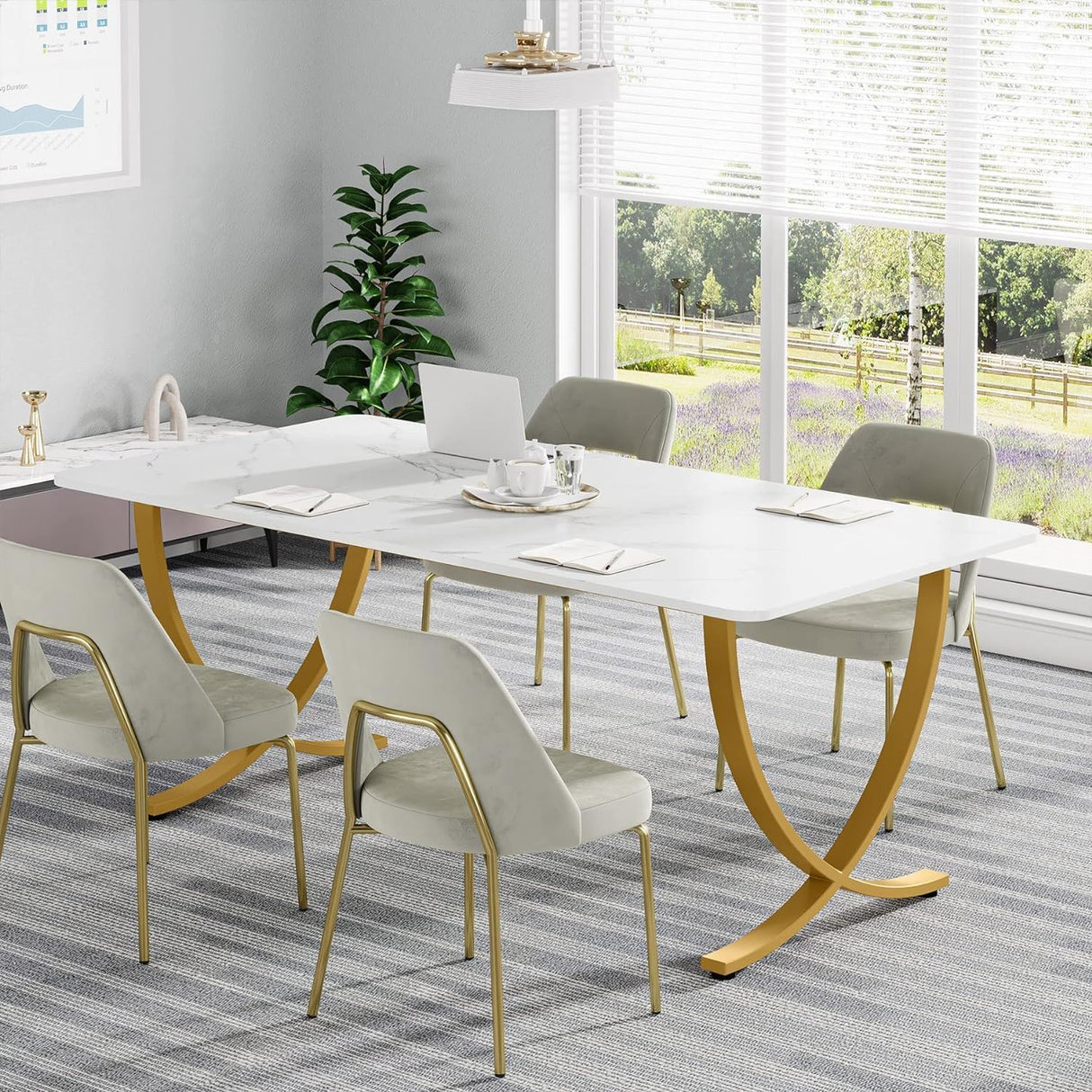 Large Rectangular Dining Table Kitchen Table With Geometric Legs - White / Gold