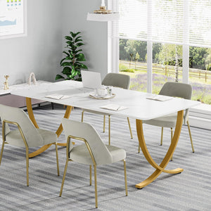 Large Rectangular Dining Table Kitchen Table With Geometric Legs - White / Gold