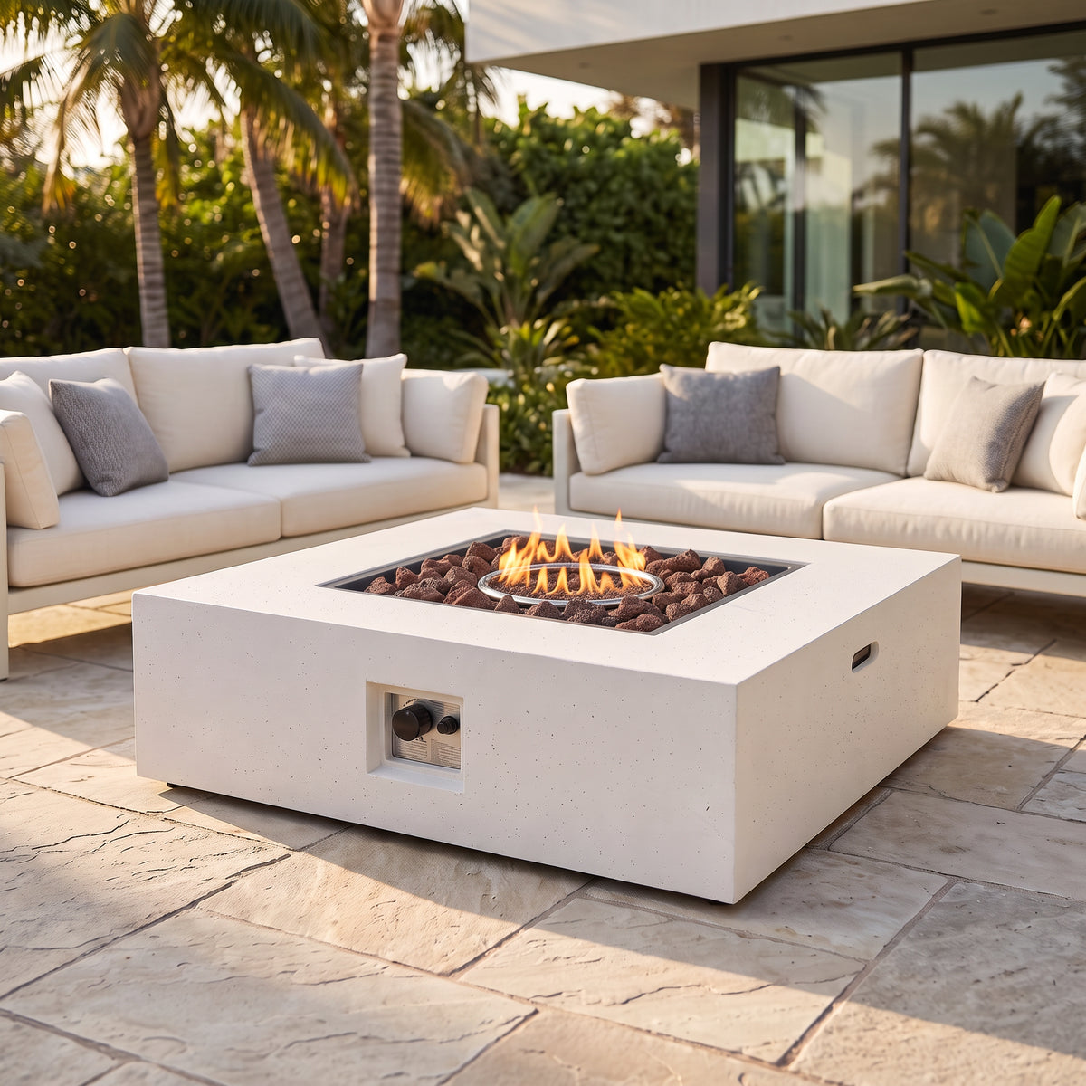 50,000 BTU Square MGO Fire Table Tank Outside